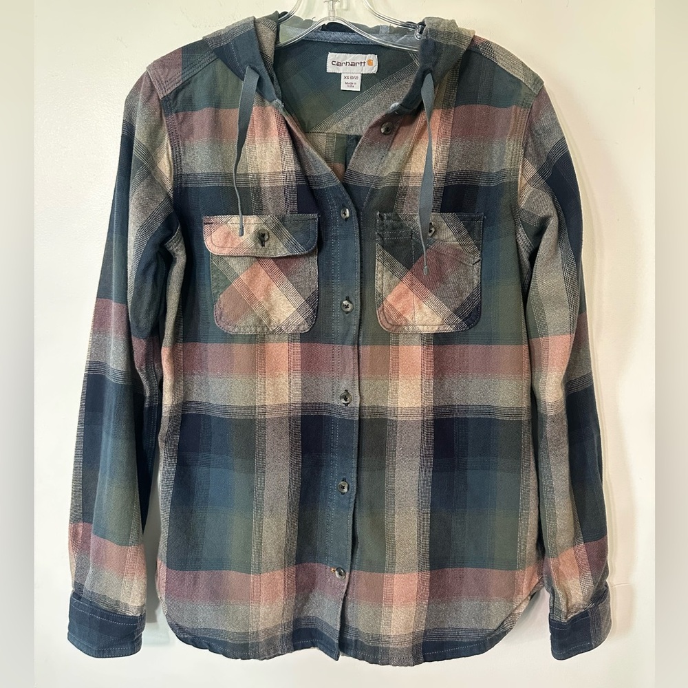 Carhartt Plaid Hooded Button-Up Shirt in Blue and Pink Women’s XS